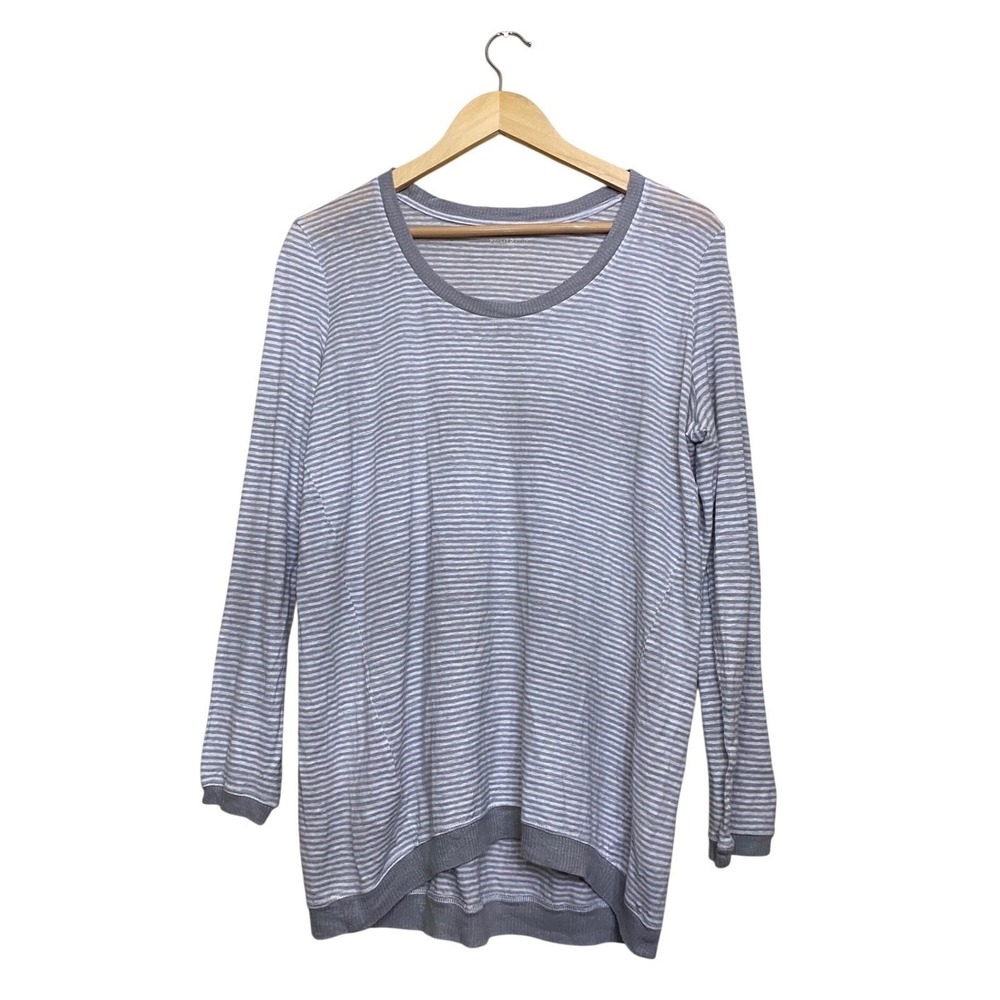 Eileen Fisher Organic Linen‎ Striped Long Sleeve Tunic Top Grey White Womens